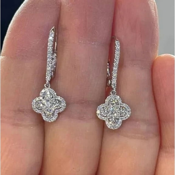 2Ct Round Lab Created Diamond Clover Drop&Dangle Earrings 14K White Gold Plated