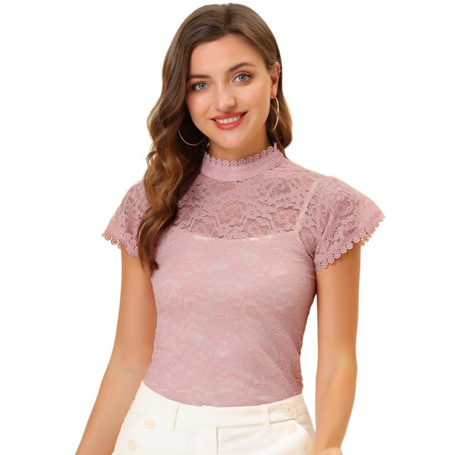INSPIRE CHIC Women's Keyhole Back Top Short Sleeve Stand Collar Semi Sheer Blouse