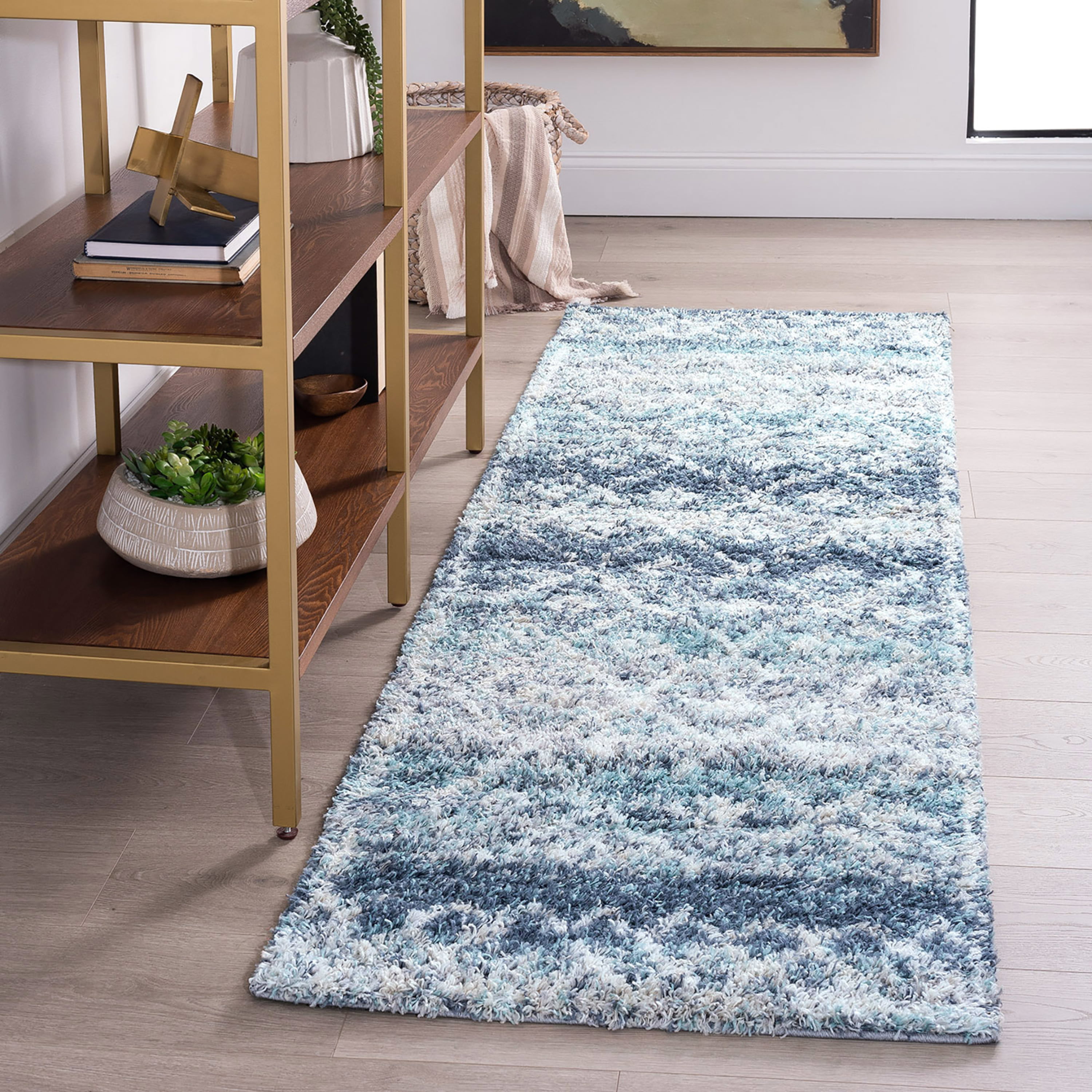Duck Egg Shaggy Rugs Thick Non Shed Blue Geometric Living Room Rug Hall Runners 