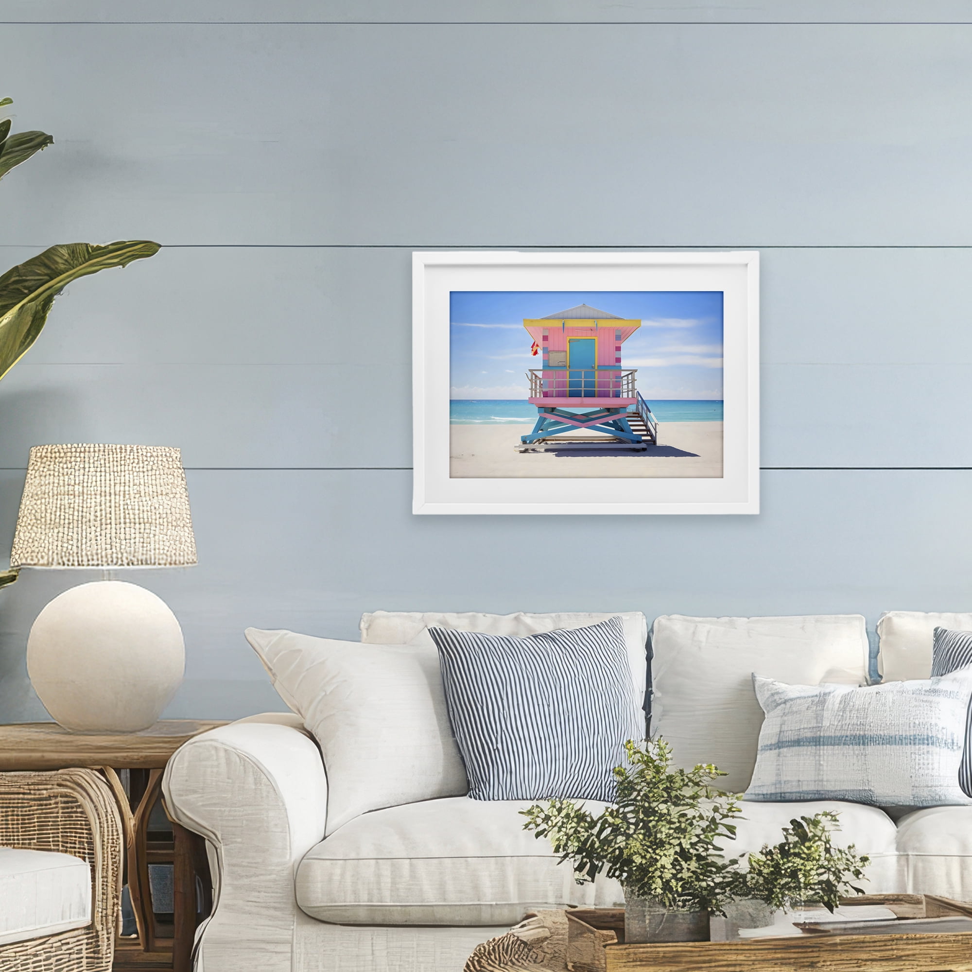 Stupell Industries Pastel Lifeguard Hut on Beach White Framed Print Under Glass, design by Creative Studio