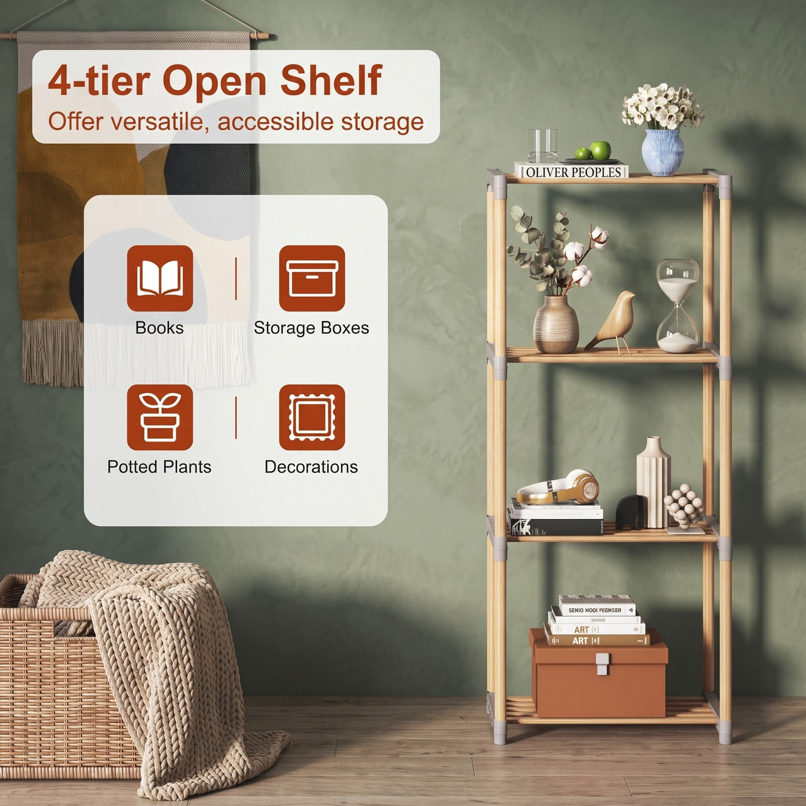 Furnibear 4-Tier Bookshelf Open Wood Bookcase Storage Shelf Organizer for Home Office Living Room Bathroom, Natural and Gray