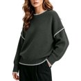 thumbnail image 6 of Tqcoqu Sweaters for Women Crewneck Long Sleeve Contrast Cable Knit Tops, Solid Loose Fit Casual Pullover Sweaters, Oversized Stitching Fall Clothes Outfits, 6 of 6