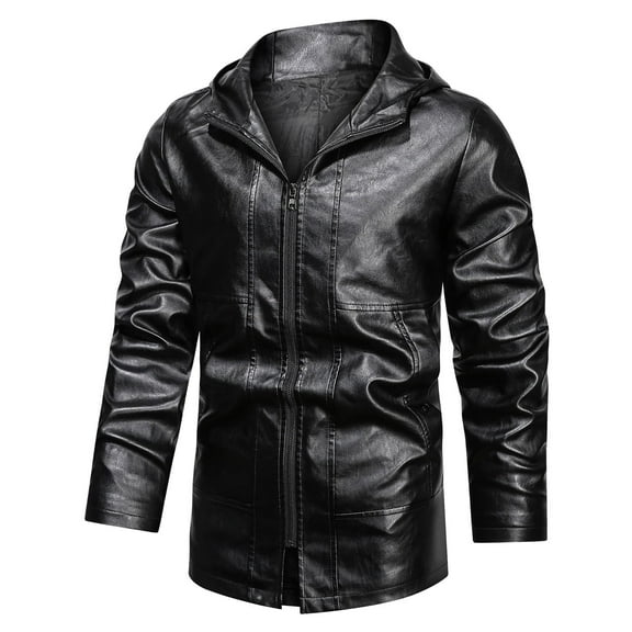 IROINNID Men's Long Sleeve Faux Leather Mid-Length Hoodie Jacket Solid Color Comfy Autumn And Winter Baseball Uniform Leather Jacket Leather Jacket