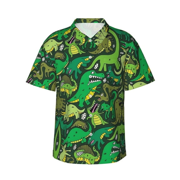 Dinosaur Green Hawaiian Shirts For Men, Summer Short-Sleeve Relaxed-Fit Button-Down Shirts Small