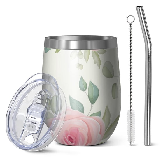 Floral 12oz Stainless Steel Insulated Wine Tumbler with Lid and Straw – Double Wall Vacuum Mug for Hot & Cold Drinks, 304 Steel Interior, Sweat-Free Design,Thanksgiving,Christmas, Spring,Flower