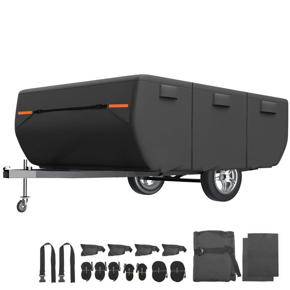 Unique Bargains Waterproof Camper Trailer Cover Fits 12"-14" RV Cover Anti-UV W/ 3 2 Straps Air Vents Protection Black