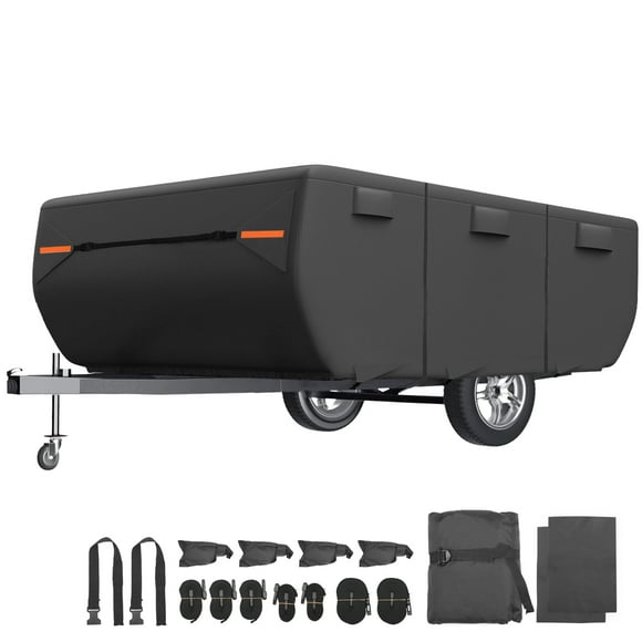 Unique Bargains 1 Set Waterproof Pop-up Camper Trailer Cover Fits 12'-14' RV Cover Anti-UV with 3+2 Straps Black
