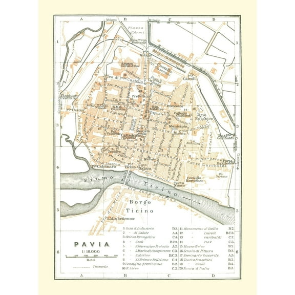 Historic Map - Pavia Italy - Bertarelli 1914 - Vintage Wall Art