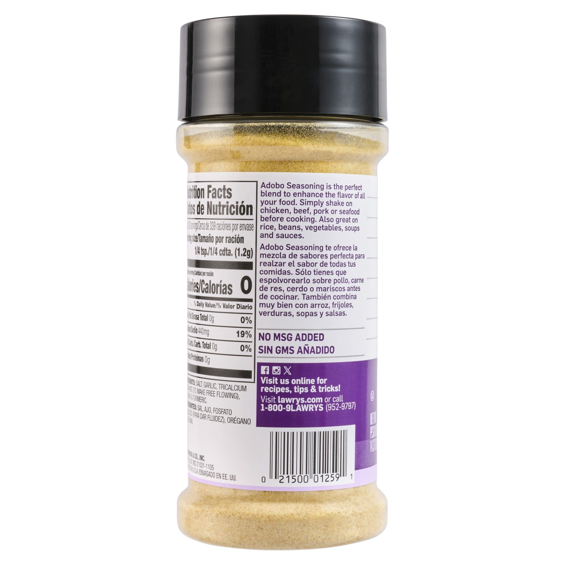 (12 pack) Lawry's Kosher Adobo Seasoning Without Pepper, 14.37 oz Bottle