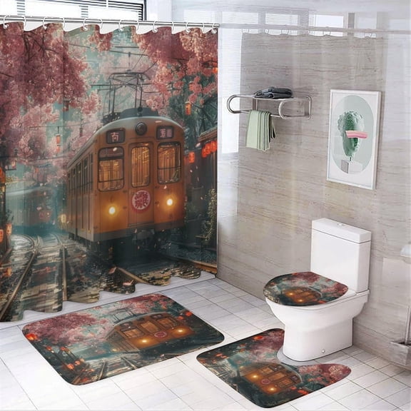 4 Pcs Watercolor Japanese Forest Waterfall Landscape Shower Curtain Set,Oil Painting Japan Ancient Architecture Falling Leaves Bathroom Set Waterproof Toilet Cover Shower Mat Rugs