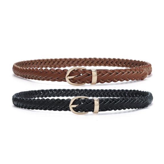 Earnda 2 Pack Thin Braided Belts for Women Classic Waist Belt Skinny Woven Strap for Jeans Pants Dress Black Brown Small