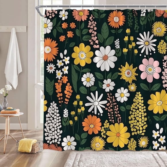 Rideau de Douche Floral Vintage Abstrait Coloré – Décoration de Bain en Tissu Rétro Esthétique Moderne du Milieu du Siècle avec Crochets – Parfait pour une Relooking de Salle de Bain Unique et Artistique