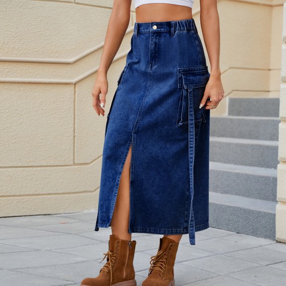 Women Casual And Trendy Solid Color Washed Denim Semi Elastic Waist Design Ribbon Work Skirt Alt Skirt Poodle Skirts for Women Skirt Overalls Spray Skirt Womens Skirts Long Skirt Pleated Sparkly Skirt