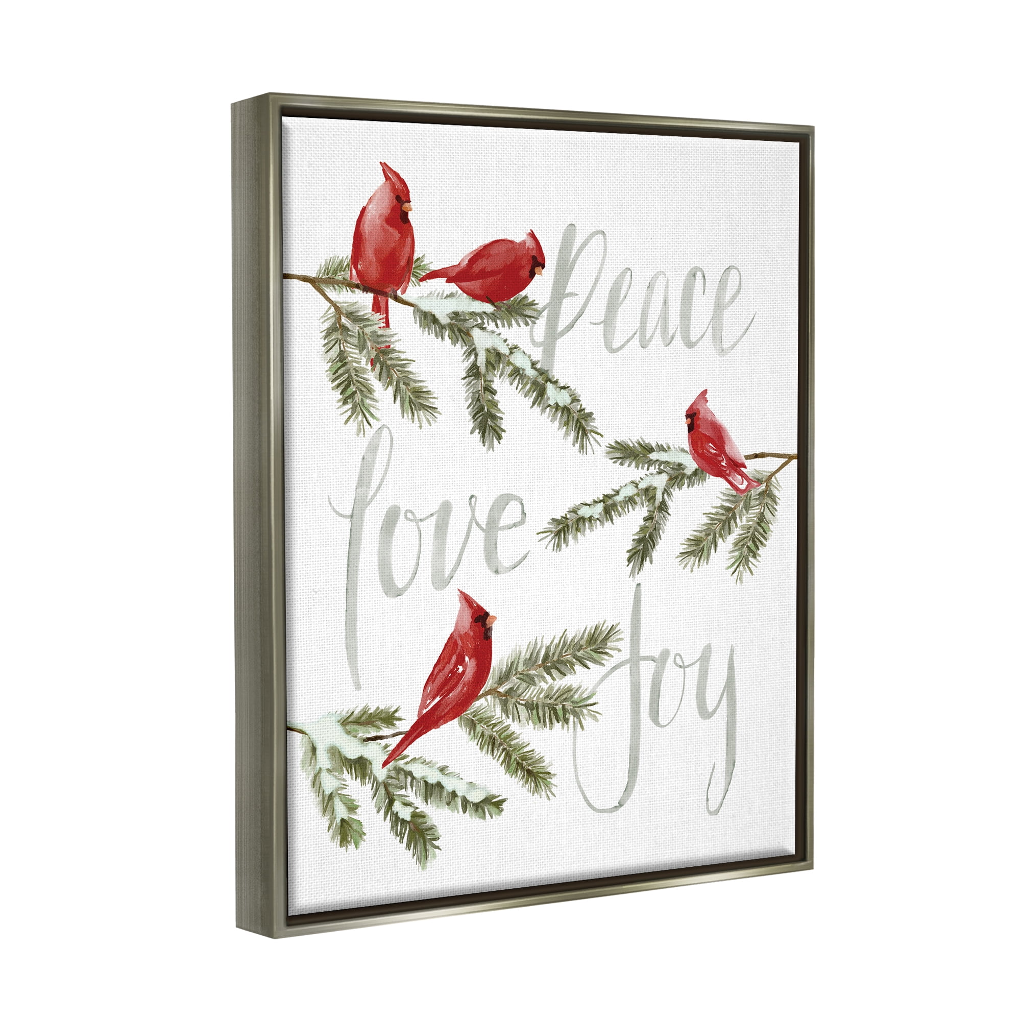 Stupell Industries Peace Love Joy Cardinals Holiday Painting Gray Floater Framed Art Print Wall Art, 25 x 31