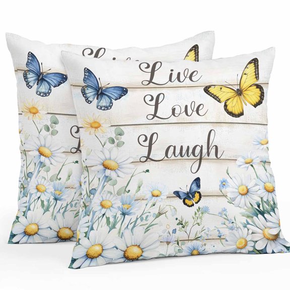 Outdoor Pillow Covers Pack of 2, Summer Flower on Vintage Wood Grain Waterproof Throw Pillowcase Cushion Cases, Blue Yellow Butterfly Decorative Pillow Cover for Couch Sofa Home Bed Patio