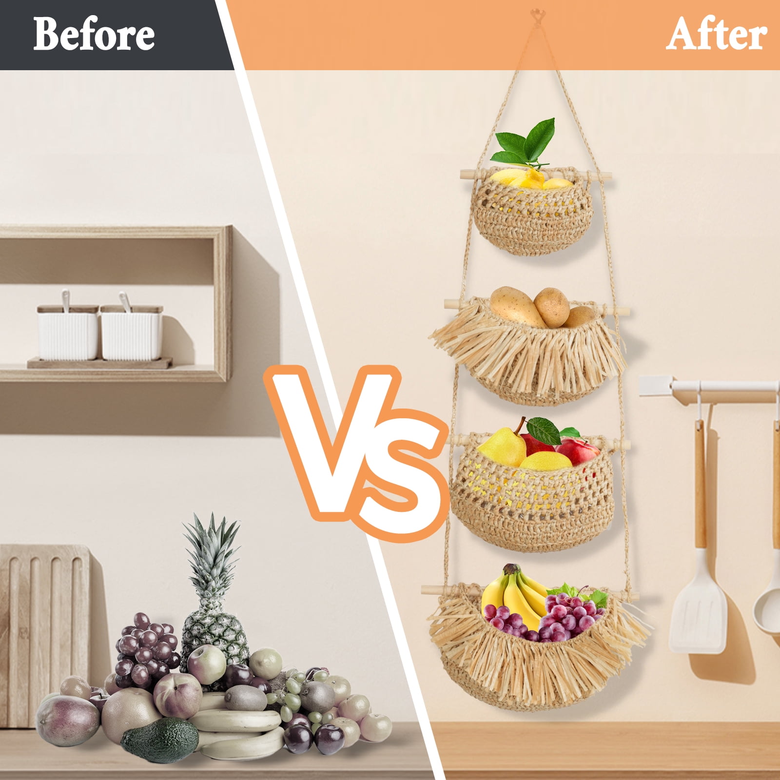 Hanging Fruit Basket, ZUEXT 4 Tier Over the Door Organizer, Handmade Woven Jute Wall Baskets for Organizing, BOHO Decor, Storage for Kitchen, Living & Bathroom Bedroom.