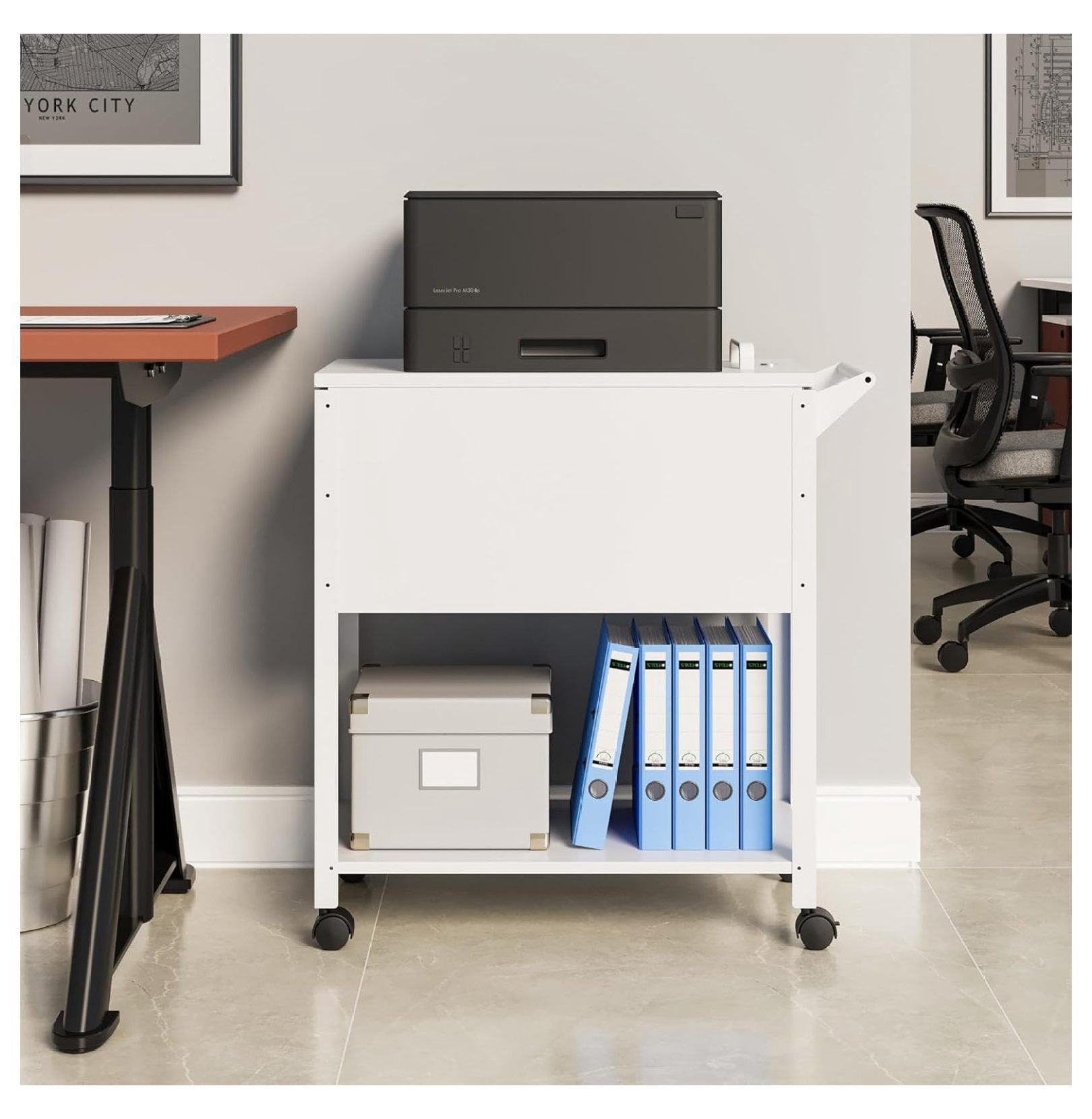 Mobile File Cart, 2-Tier Rolling File Cart with Wheels Hanging Files, Metal File Cabinet with Lock and Sliding Covers for A4/Letter/Legal Size, White