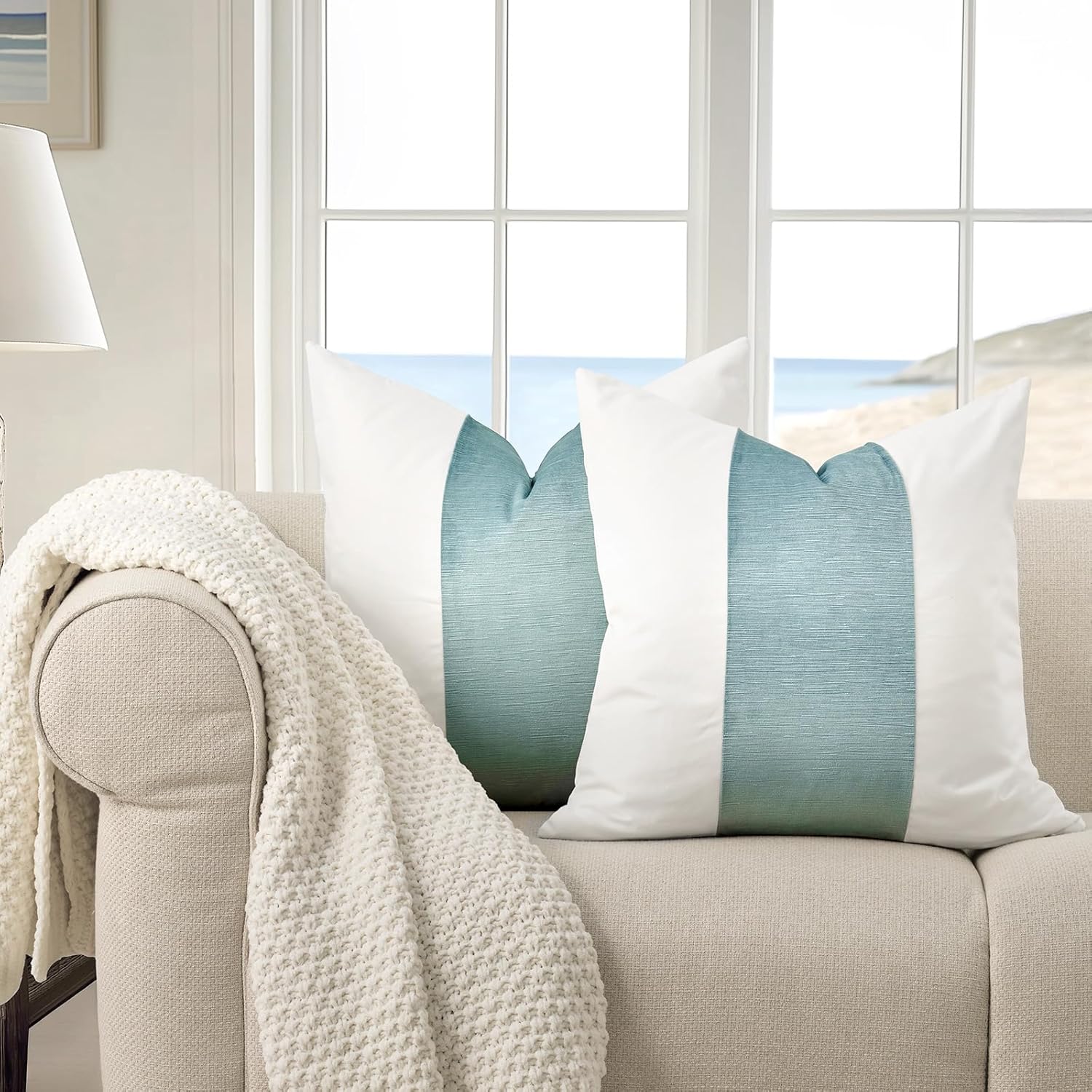 EVERGRACE Walsh Signature Velvet Panel Cotton Pillow Covers Set of 2, Decorative Pillow Covers 20"x20" for Couch, Square Cushion Cases for Sofa Bedroom Living Room, Aquamarine