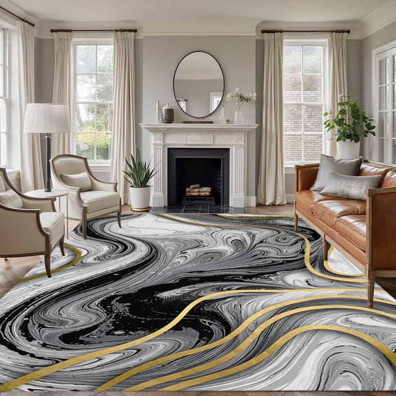 Area Rug for Living Room, Black Gray Marble Non-Slip Indoor Large Carpet for Bedroom/Dining Room, Vintage Golden Abstract Patterned Washable Low-Profile Rectangle Floor Runner Rugs - 6 x 9 Ft