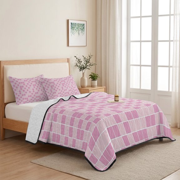 Modern Geometric Square Lattice 3 Pieces Quilt Set,1 Quilt with 2 Shams,Pink Buffalo Checker Ombre Bedspread Soft Lightweight Bedding Coverlet Comforter Set for All Season 68"x98"
