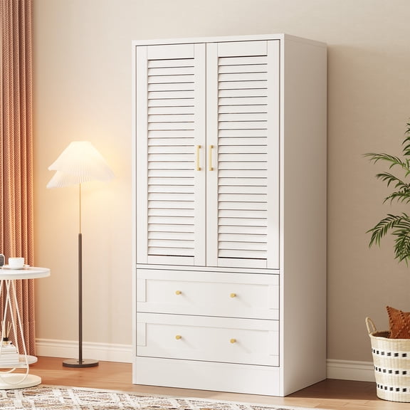 65" Spacious Wooden Wardrobe Closet - Louvered Doors 2 Drawers Hanging Rod for Bedroom Laundry Entryway