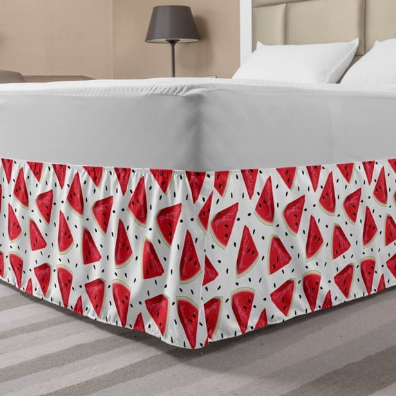 Melon Bed Skirt, Pieces of Realistic Drawn Watermelon Fruit and Seeds, Elastic Bedskirt Dust Ruffle Wrap Around for Bedding Decor, 4 Sizes, Dark Coral Charcoal Grey, by Ambesonne