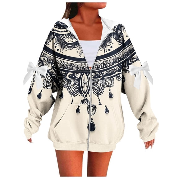 Hooded Jackets For Women Front Zip Print Bow Cardigan Plus Size Casual Loose Stylish Outwear With Pockets (XL, White)