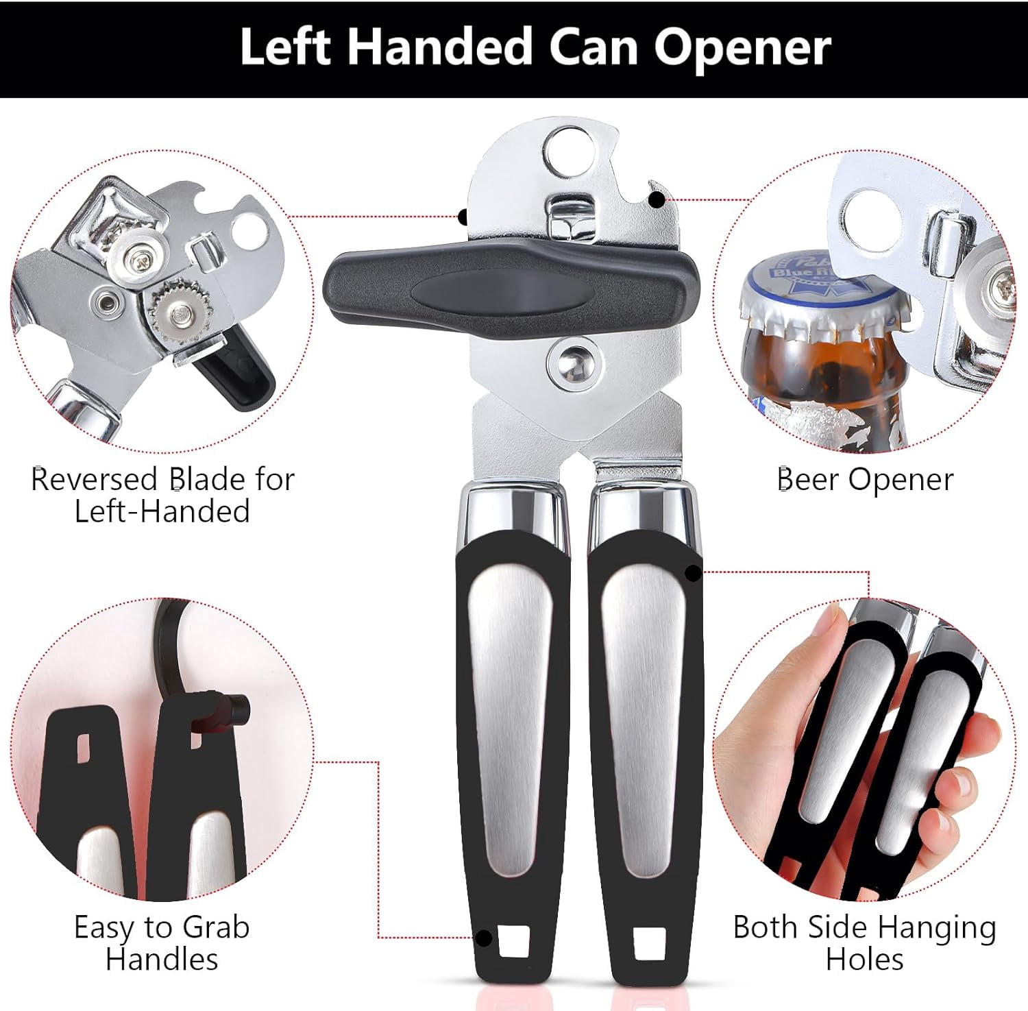 Left-handed can opener and bottle cap opener, left-handed person/adult kitchen tool cutlery (black)