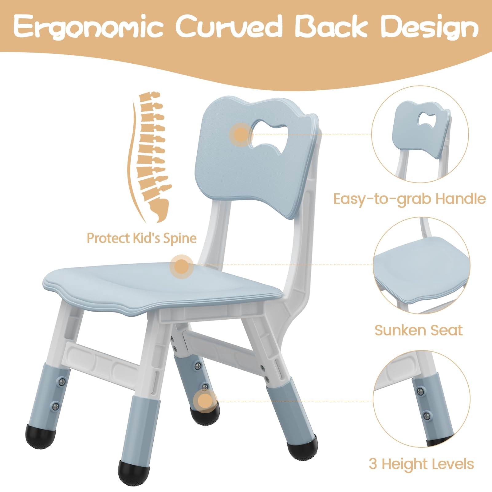TROPOW Kids Chair, 3 Level Height Adjustable Kid Chair, Plastic Toddler Chairs for Children Boys Girls Age 2-6, Suitable for Home Family Classroom Nursery Indoor Use (2 Pack, Light Gray)