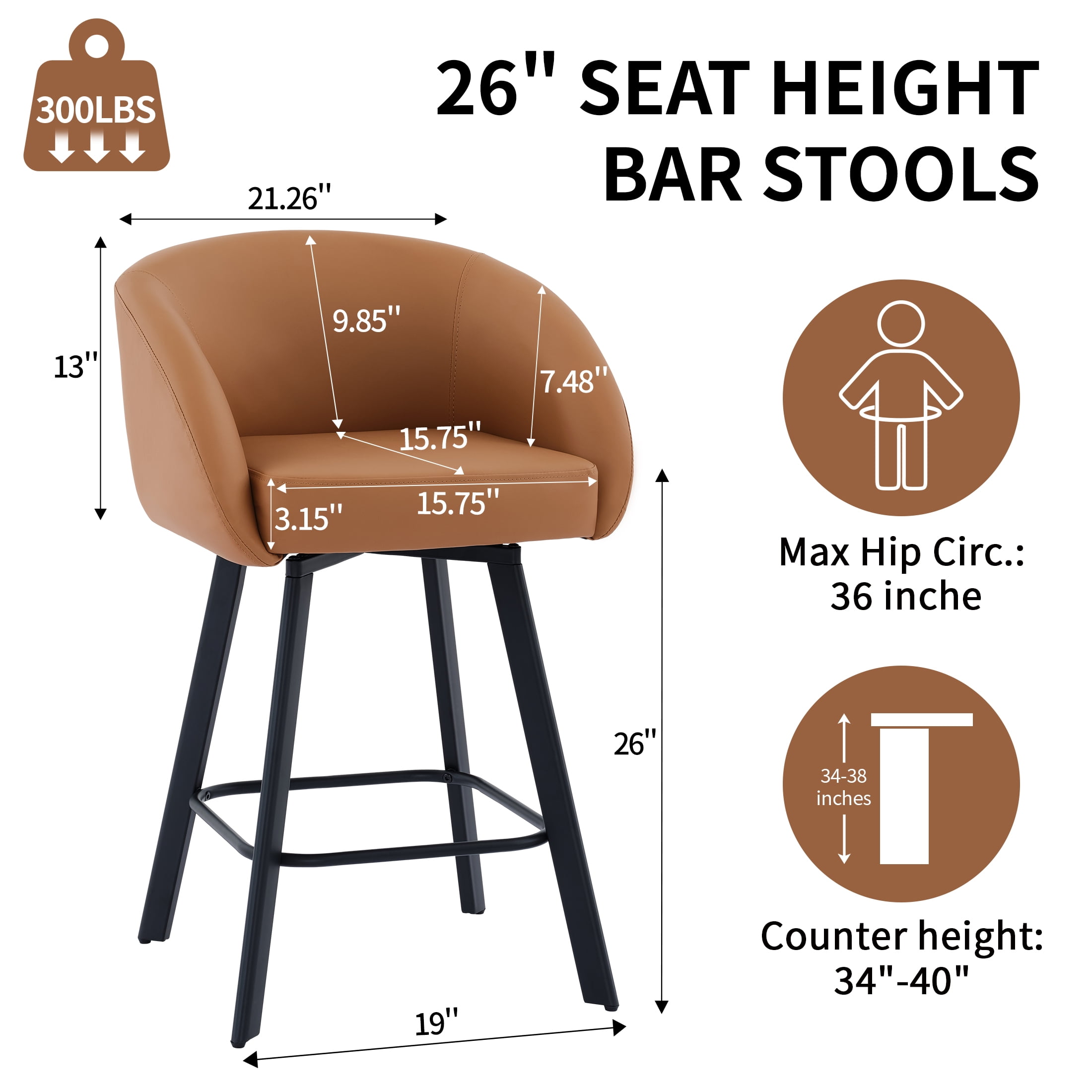 FIRAVOE Swivel Bar Stools Set of 2, 26" Counter Height Bar Stools with Back, Faux Leather Bar Chair Kitchen Barstools Counter Stools, Camel Brown
