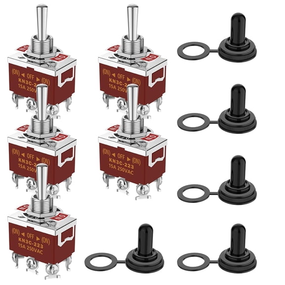 Momentary Toggle Switch, MecRecare 6 Pin DPDT (ON)-Off-(ON) 30A 12VDC/15A 250VAC 3 Way Heavy Duty Waterproof Toggle Switch with Boot Cap Cover for Auto Boat Marine (Pack of 5)