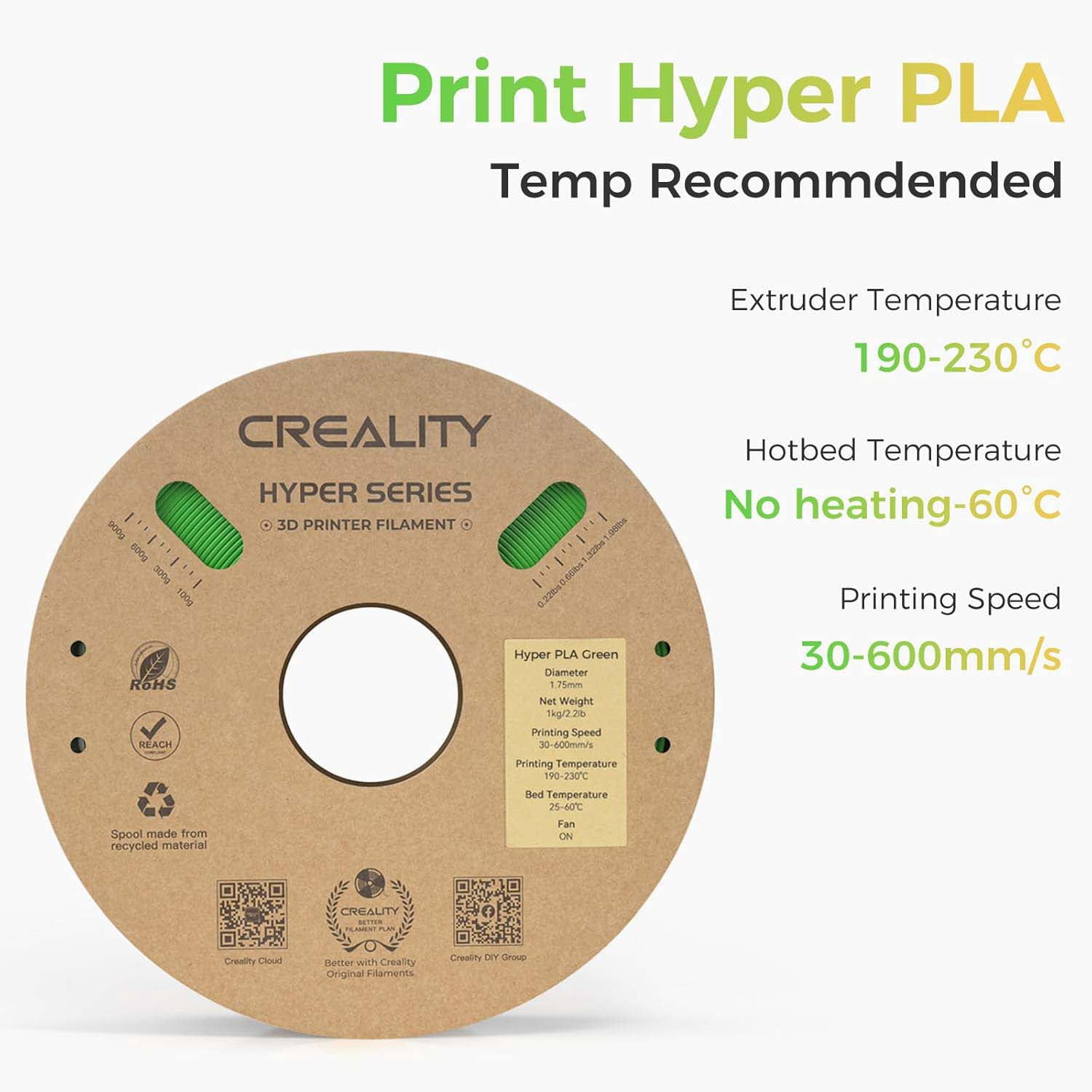 Creality Hyper PLA 3D Printer Filament 600mm/s High-Speed +/-0.03mm For Creality K1 Max Ender-5 S1 Anycubic Prusa Bambu Green 12 Unit per pack