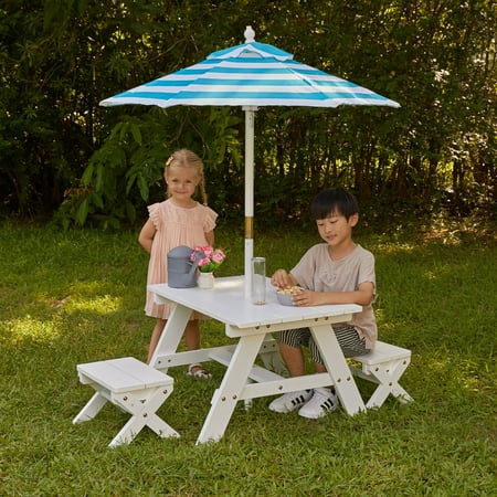 KidKraft Wooden Outdoor Table & Bench, Children's Furniture, White with Turquoise & White Umbrella