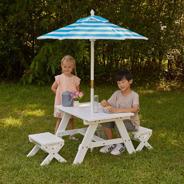 KidKraft Wooden Outdoor Picnic Table & Bench Set, White, Turquoise