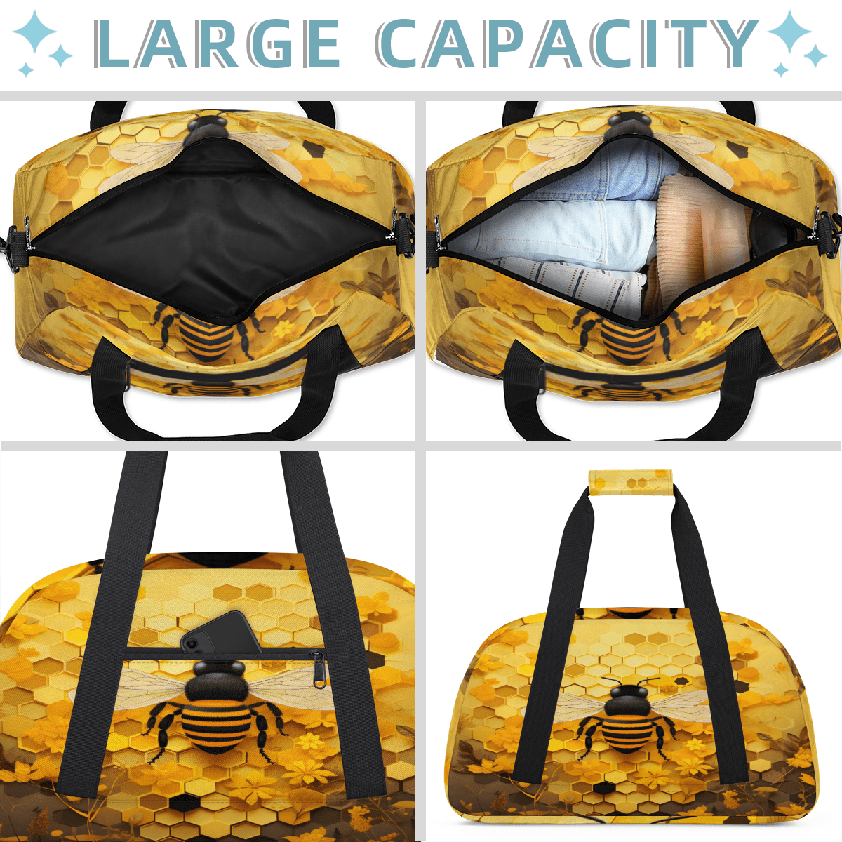 Herdesigns Honeycomb Sports Duffle Bag for Women & Men, Bee Gym Bag Dance Bag Overnight Bag Carry On Weekender Travel Bag