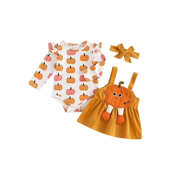 Baby Toddler Girl Pumpkin Outfit,0 3 6 12 18 Months Ruffle Trim Long Sleeve Romper Pumpkin Patch Suspender Skirt Bow Headband 3 Piece Set for Halloween