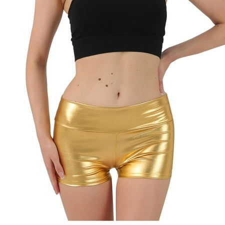 RYRJJ Metallic High Waisted Booty Shorts Women s Shiny Cheeky Dance Bottoms Wet Look Disco Party Club Hotpants(Gold XL)