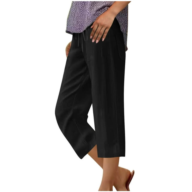 Annhoo Womens Casual Plus Size Pants Drawstring Elastic Waisted Wide Leg Capris Cropped Lounge Trousers with Pockets