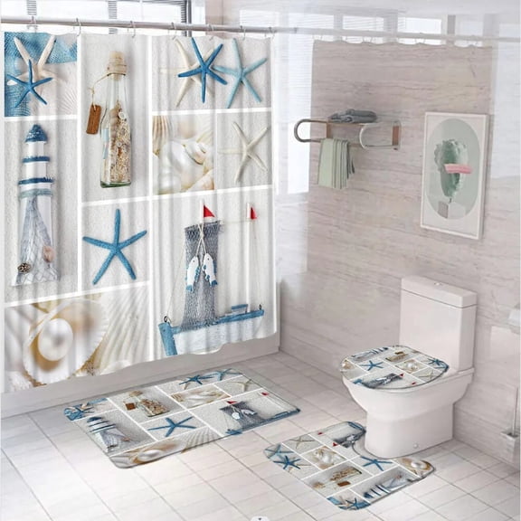 Navigation StarDrift Bottle Lighthouse Shower Curtain Sets Fishnet Beach Ocean Bathroom Curtains Non-Slip Bath Mat Rug Home