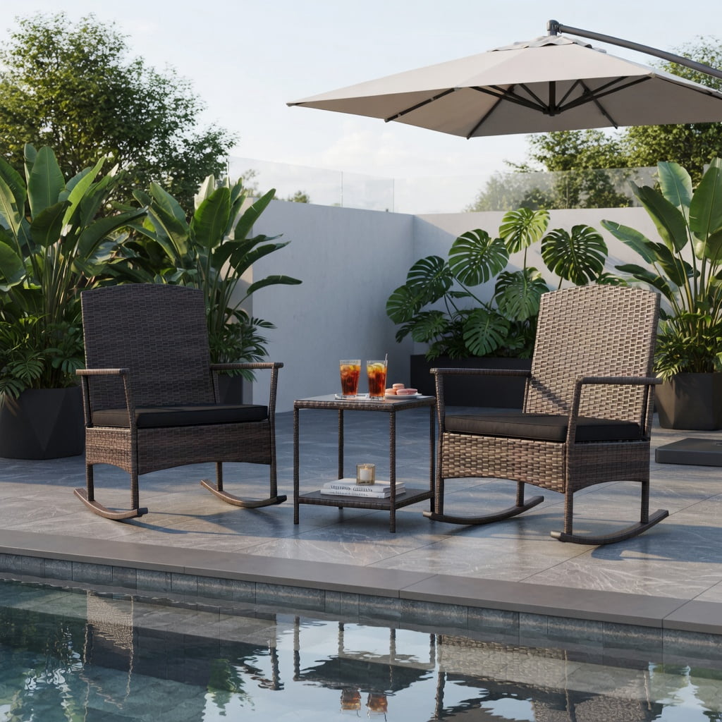 Hommoo 3-Piece Outdoor Rocking Bistro Set, PE Rattan Rocker Chairs + 2-Tier Tempered Glass Coffee Table, Black