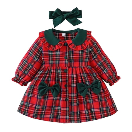 Adeawade Girls Christmas Dress Girls Long Sleeve Dress With Bow Headband Plaid Pattern Party Gown For Toddler Baby Holiday Outfit Crewneck Sundress Winter Retro Basic Dress Red 9-12 Months