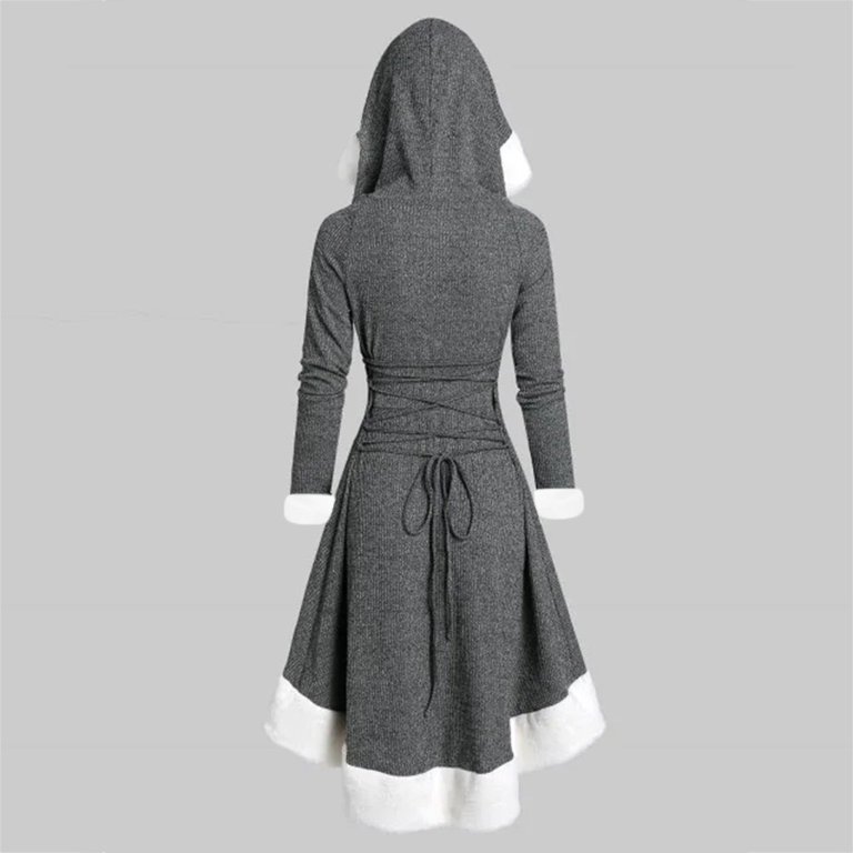 BdTemWBs Women's Hooded Long Sleeve Party Dress Lace Up Patchwork Midi Dress  for Winter Christmas (Grey, XL) - Walmart.com