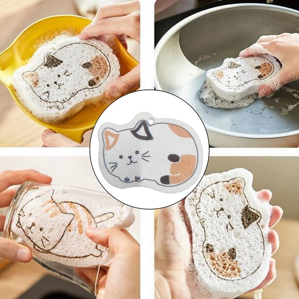 Esponja de limpieza resistente arañazos Esponja de limpieza multiusos de duradero en apariencia de animal con cuerda colgante para lavar plat - gato calicó perfecl Esponja para fregar