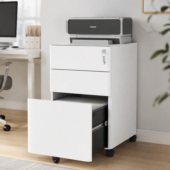 White 3-Drawer Rolling File Cabinet with Lock, All-Steel Build, Two Slim Top Drawers & One Deep File Drawer, 110 lbs Capacity Per Drawer, Anti-Tip Safety, Easy Wheel Assembly