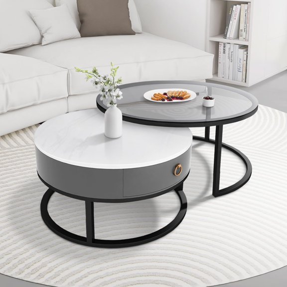 MASAKA B&W Nesting Coffee Table Set of 2 with Drawers - Tempered Glass Top & Storage Drawers, Modern Stackable Side Tables with Metal Frame for Living Room (White and Black)