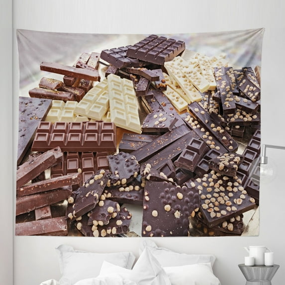 Chocolate Tapestry, Pile of Assorted Chocolate Bars Black and White Pieces with Hazelnut, Fabric Wall Hanging Decor for Bedroom Living Room Dorm, 5 Sizes, Dark Brown Brown Ivory, by Ambesonne