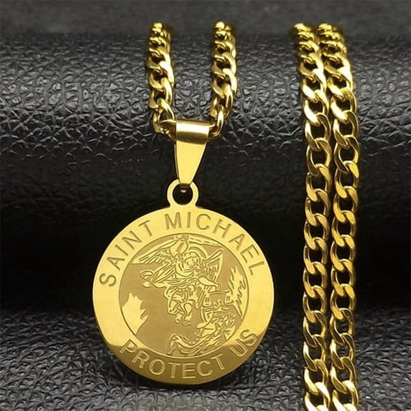 SAINT MICHAEL PROTECT US Archangel 14K Yellow Gold  Saint Michael Necklace Men/Women Golden Color Pendant Necklace Jewelry