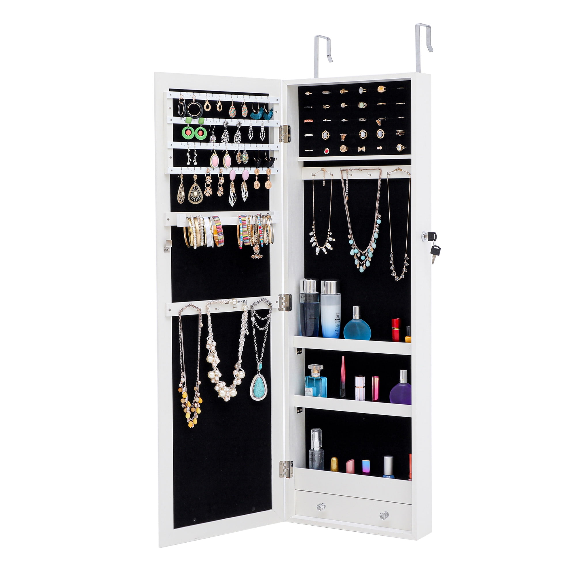 Kepooman Dressing Mirror Full-Body Jewelry Cabinet, Full-Mirror Wooden Wall-Mounted 3-Layer Rack Makeup Brush Holders, White Kepooman Dressing Mirror Full-Body Jewelry Cabinet, Full-Mirror Wooden Wall-Mounted 3-Layer Rack Makeup Brush Holders, White