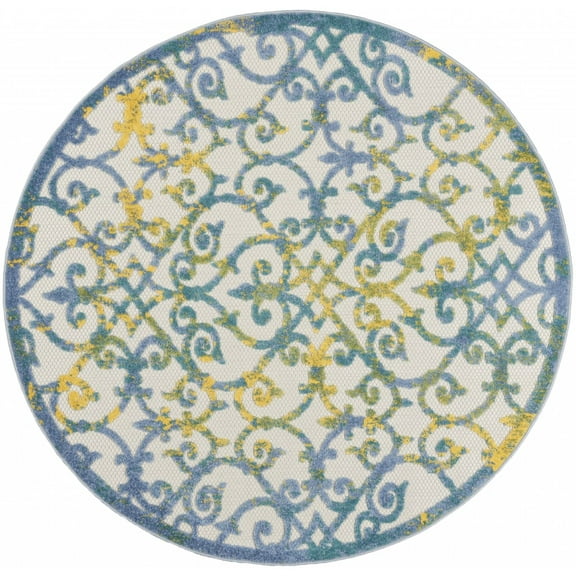 5’ Round Ivory and Blue Indoor Outdoor Area Rug