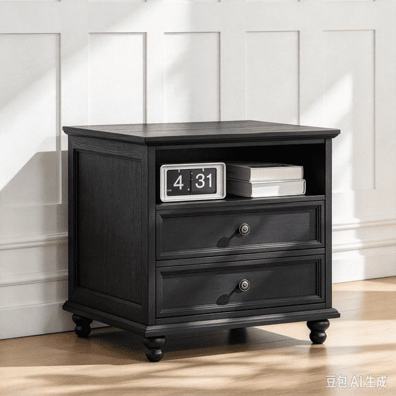 BuildHom 24" Farmhouse Nightstand with Charging Station & 2 Drawers, Wood End Table for Bedroom, Living Room, Black